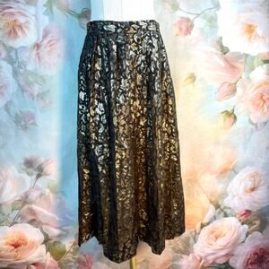 Vintage Appleseeds Black & Metallic Gold Falling Leaves Brocade Midi Skirt